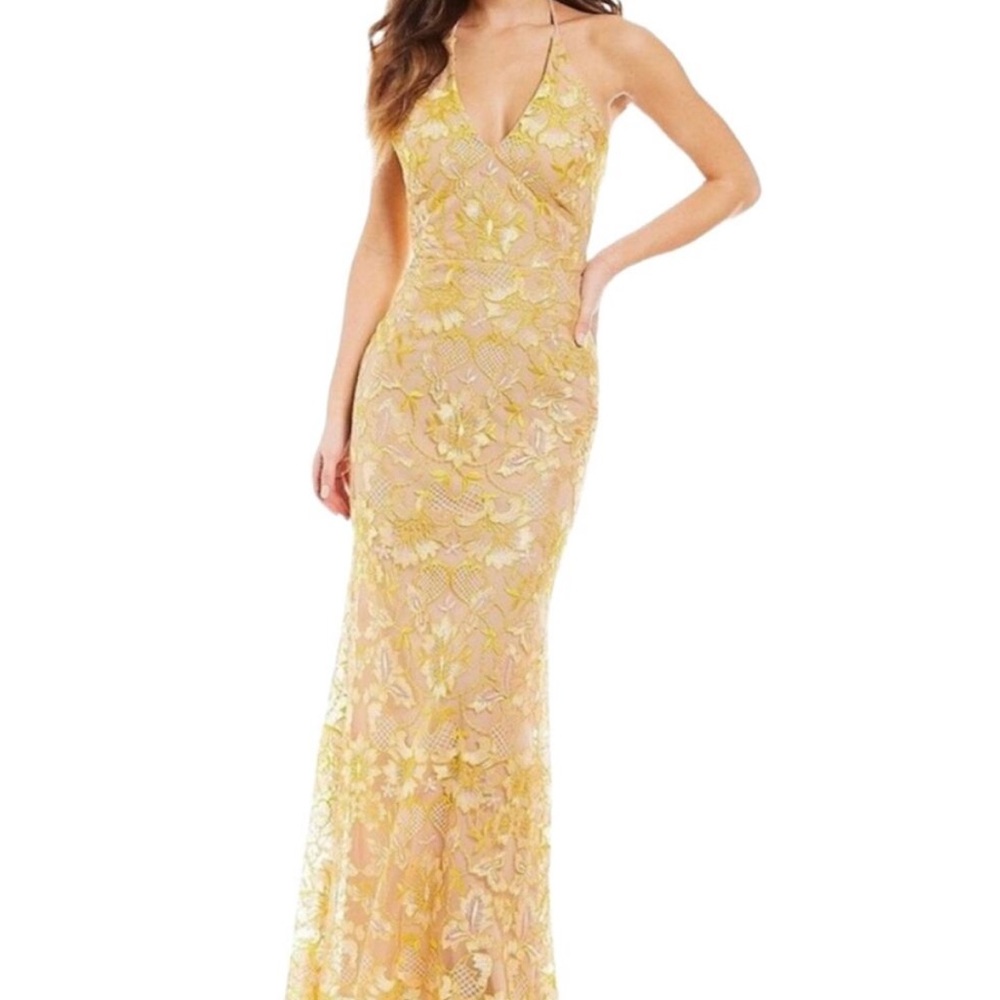Elegant Gold Yellow Lace Floral Women's Formal Dress / Mardi Gras Ball - Picture 3 of 10